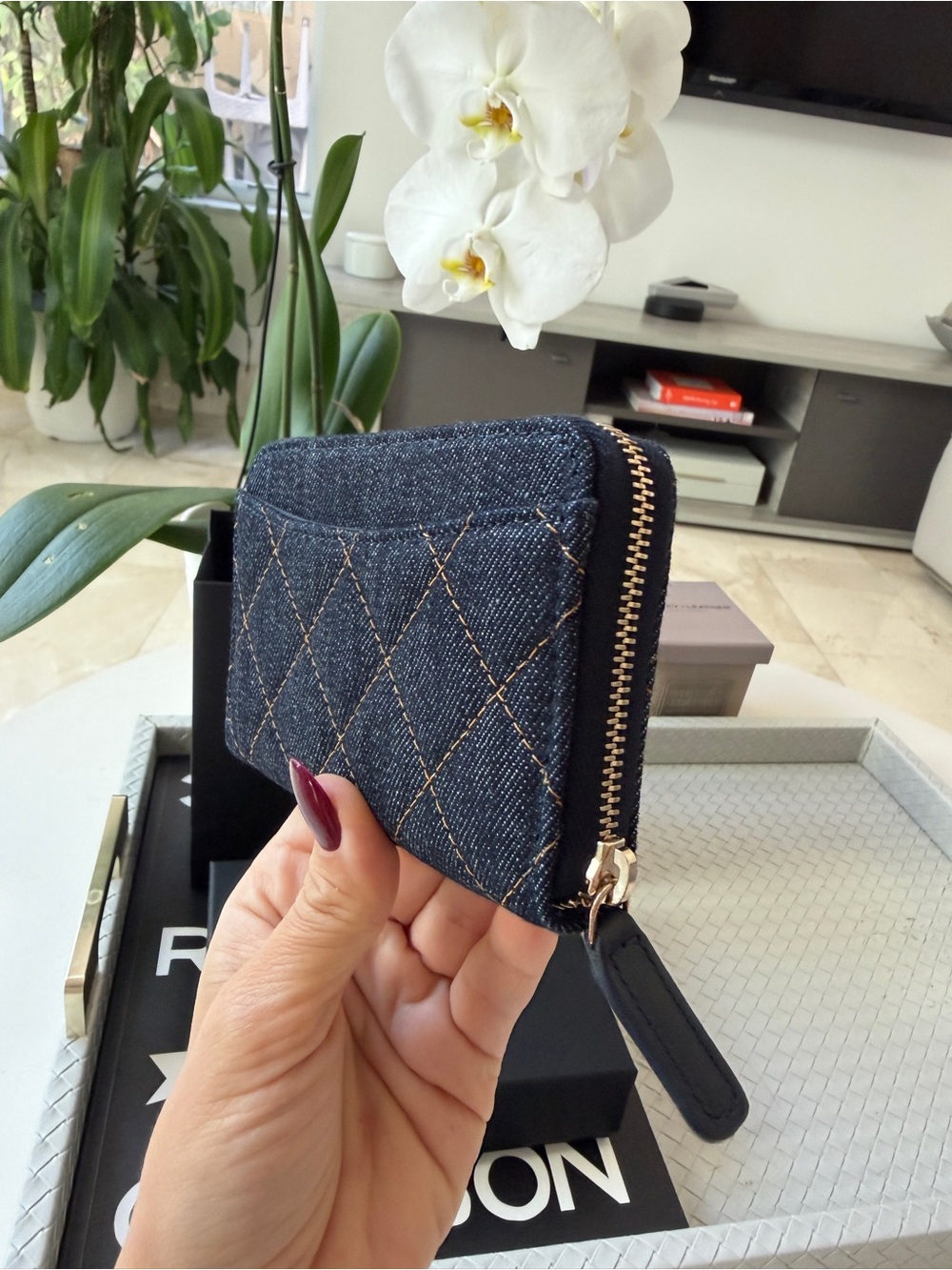 Chanel 26P Classic Zipped Zip Coin Purse Denim Dark Blue Orange mJean Wallet NWT - Picture 17 of 17